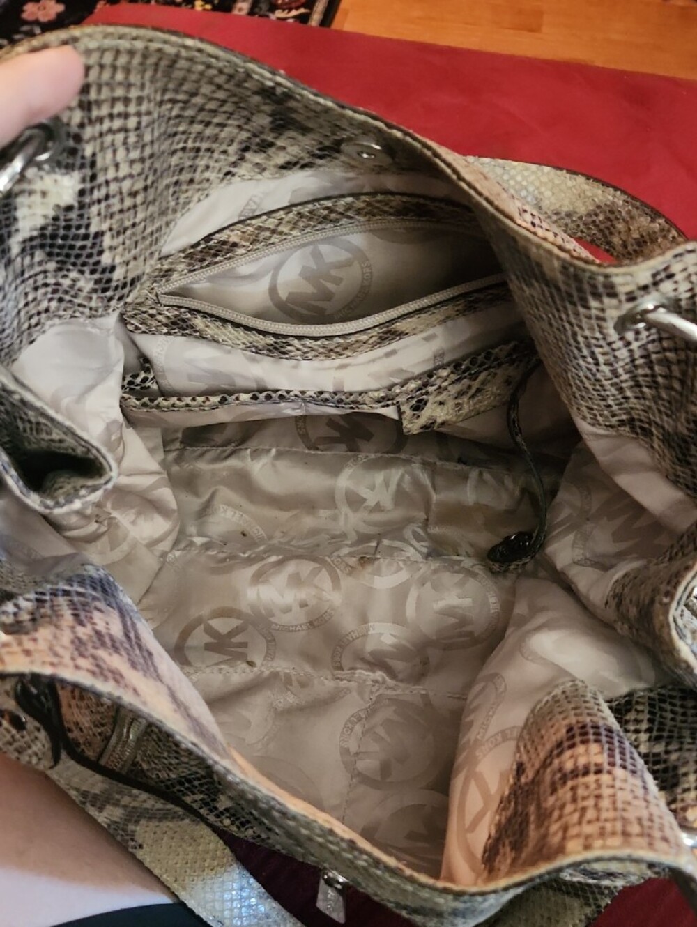 Michael Kors Beige and Black Snakeskin-Print Shoulder Bag with Silver Hardware - Picture 4 of 7